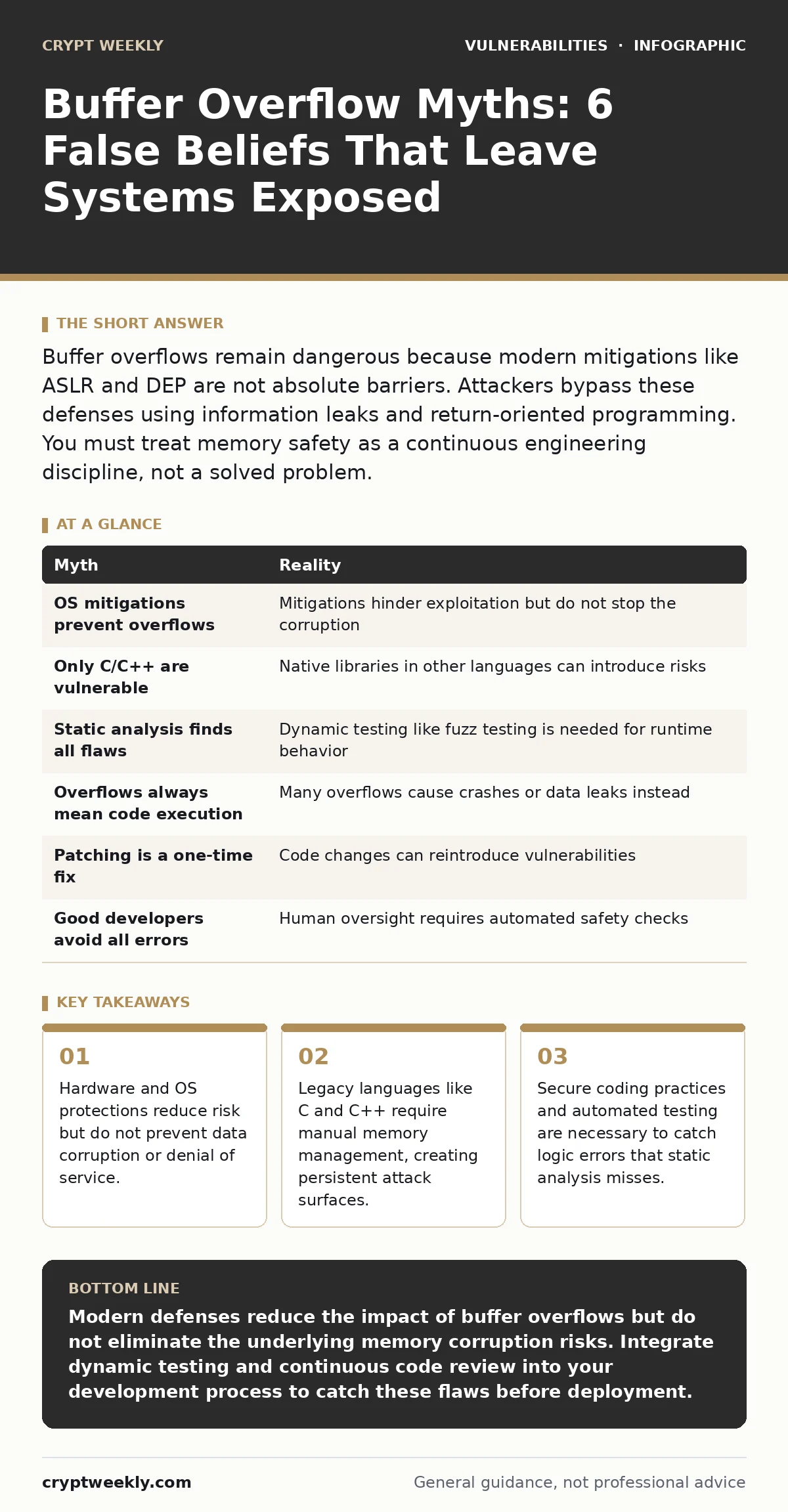 Infographic: Buffer Overflow Myths: 6 False Beliefs That Leave Systems Exposed. Hardware and OS protections reduce risk but do not prevent data corruption or denial of service. Legacy languages like C and C++ require manual memory management, creating persistent attack surfaces. Secure coding practi