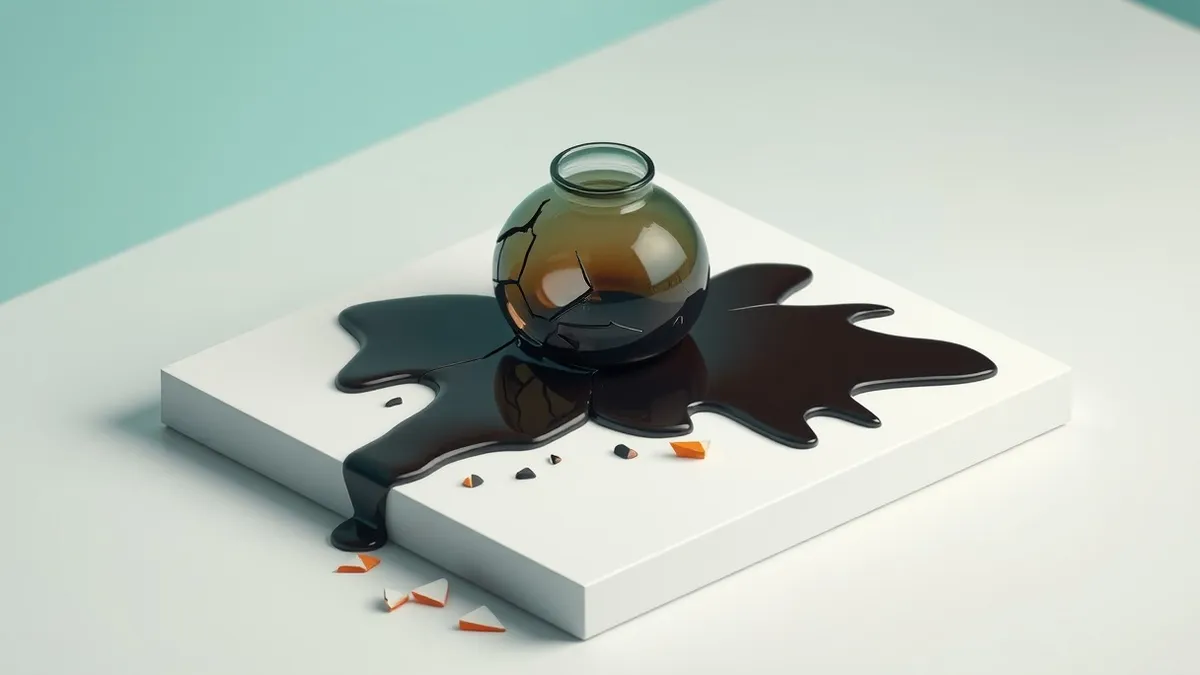 Illustration: A cracked glass vase spills dark liquid across a pristine white table, the fluid spreading into jagged, uncontrollable shapes that overflow the original boundaries.