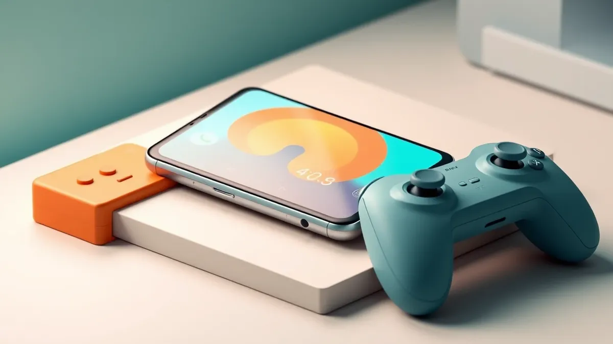 Illustration: A sleek smartphone rests on a minimalist desk, its screen displaying a vibrant, abstract game interface with large, colorful touch controls.