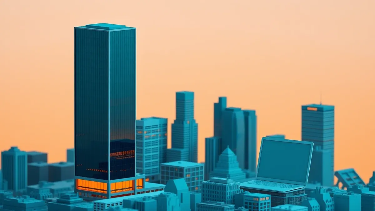 Illustration: A sleek silver office tower stands silhouetted against a twilight sky, its glass facade reflecting the fading light as a dense financial district hums around it, sign
