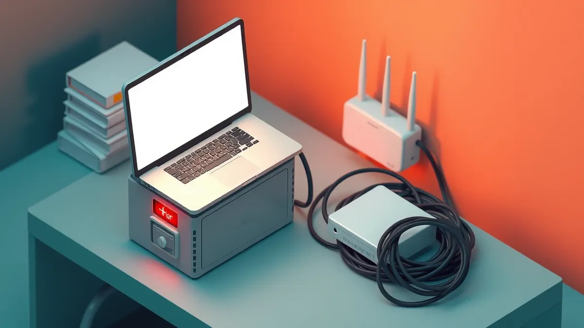 Illustration: A cluttered office desk holds a silver laptop with its screen glowing white.