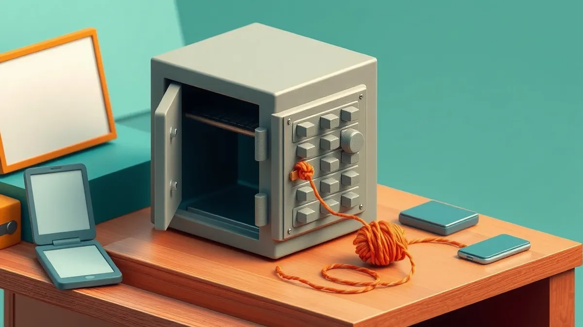 Illustration: A sturdy metal safe sits on a wooden desk with its heavy door slightly ajar, revealing rows of blank key slots inside.