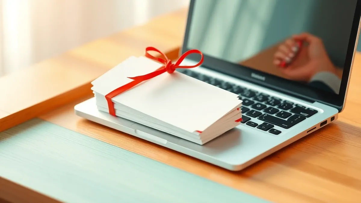 Illustration: A stack of blank white event tickets sits on a polished wooden table next to a silver laptop with a closed lid.