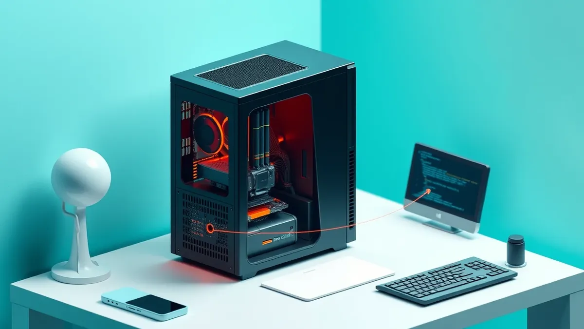 Illustration: A sleek black desktop computer tower sits on a clean white desk, its side panel removed to reveal intricate motherboard circuits and glowing components.