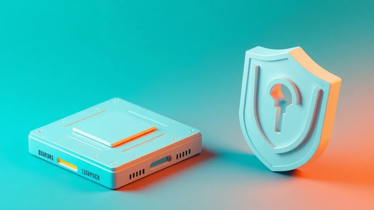 Illustration: A sleek quantum computer processor sits beside a stylized shield icon with a keyhole, symbolizing the merger of advanced computing power and strict security access co