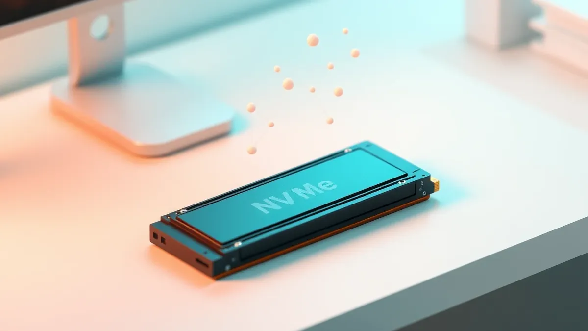 Illustration: A sleek black NVMe drive sits on a clean white desk, its metallic surface reflecting soft ambient light.