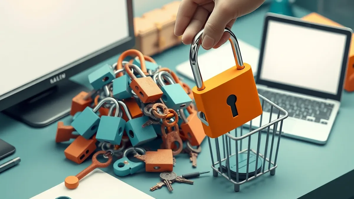 Illustration: A tangled knot of old padlocks and rusted keys sits on a desk beside a fresh, sturdy lock.