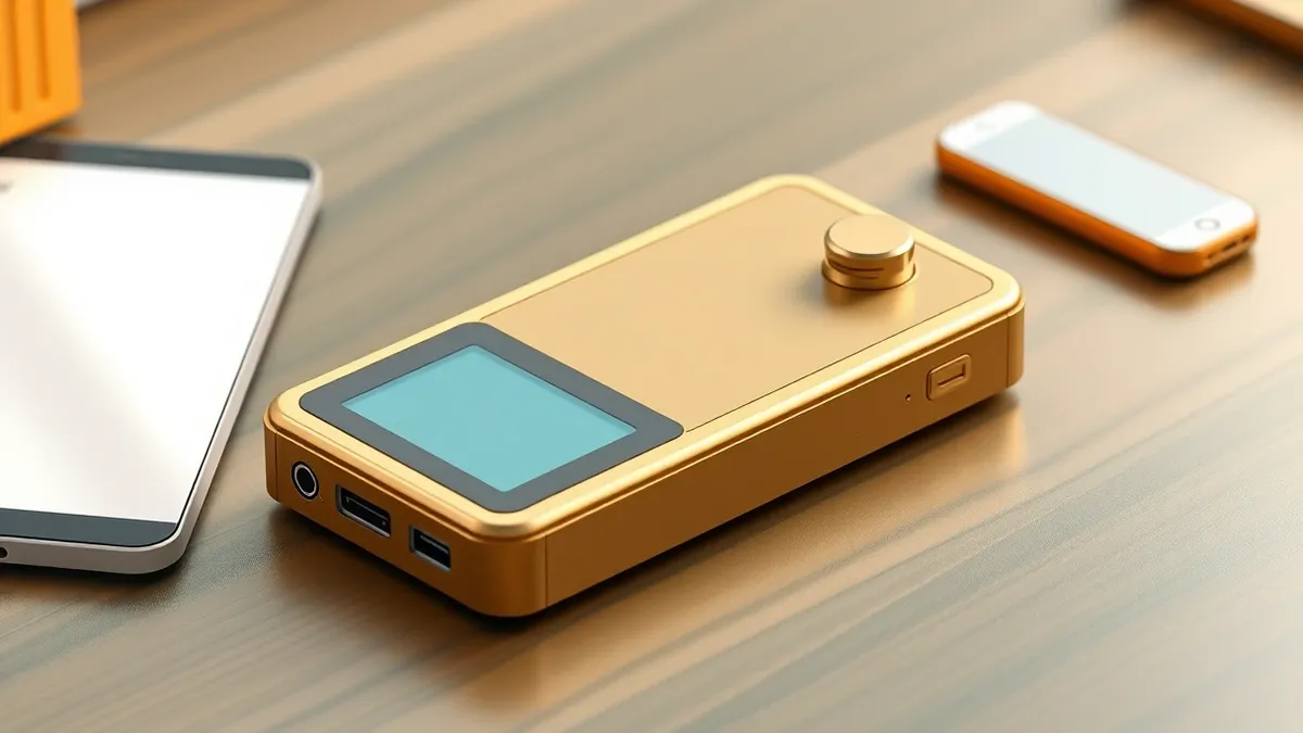 Illustration: A luxury portable music player with a thick gold casing rests on a polished wooden surface.