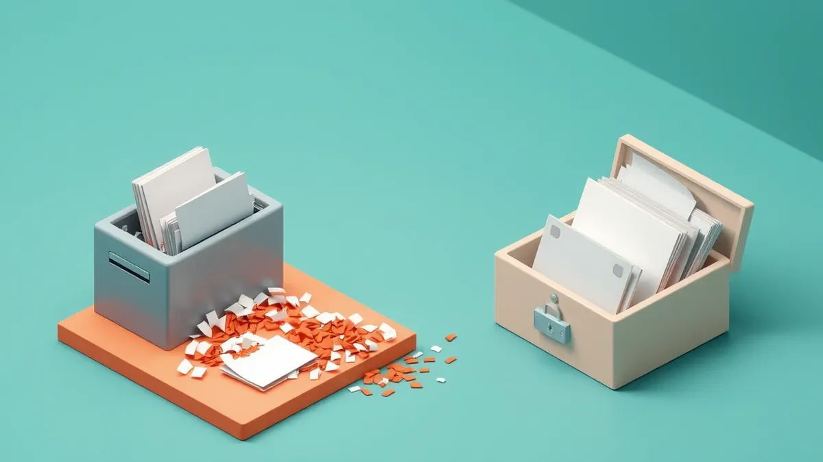 Illustration: A split path diverges from a single stack of blank paper files.