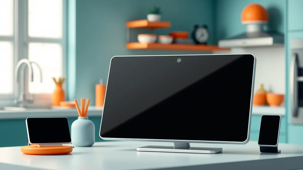 Illustration: A sleek smart display sits on a modern kitchen counter, its blank black screen reflecting a minimalist room.