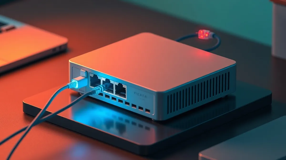 Illustration: A sleek silver network router sits on a dark desk with two glowing fiber optic cables plugged into its rear ports.