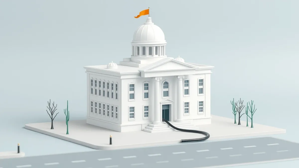 Illustration: A stark white government building stands empty under a grey sky.