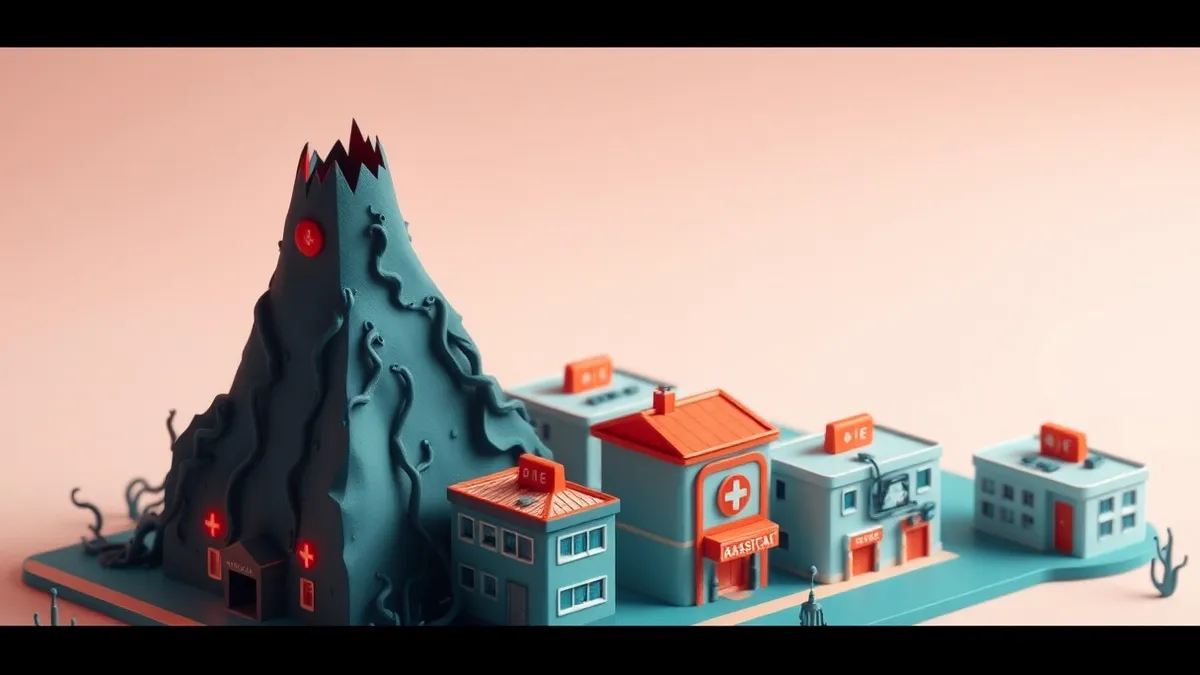 Illustration: A dark, jagged tower structure looms over a row of hospital buildings, with red alert lights flashing on their roofs.