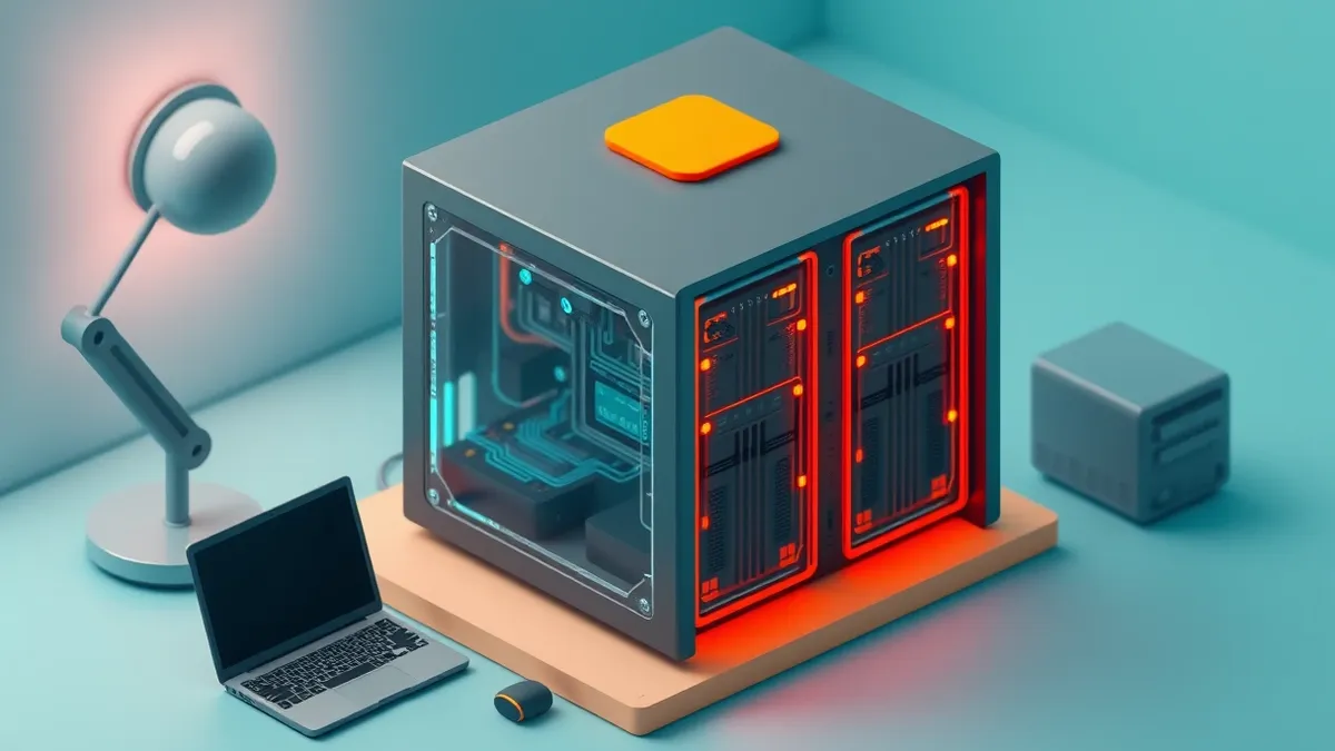 Illustration: A sleek server unit sits on a desk, its internal circuitry visible through a transparent case.