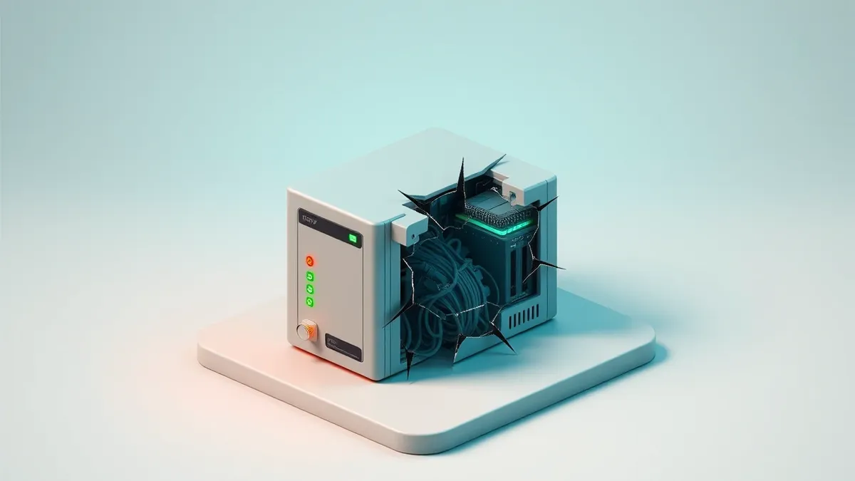 Illustration: A generic network security appliance sits isolated on a stark surface.