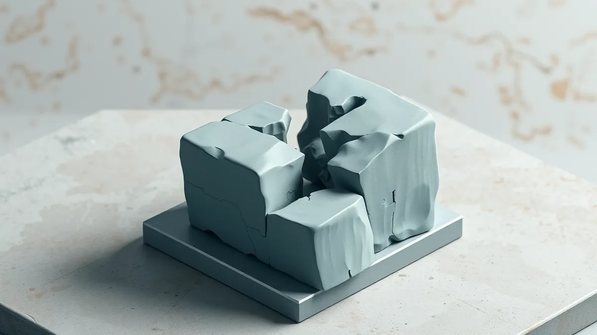 Illustration: A massive, jagged block of grey stone sits fractured into two rough halves on a concrete surface, symbolizing the difficulty of splitting large numbers.