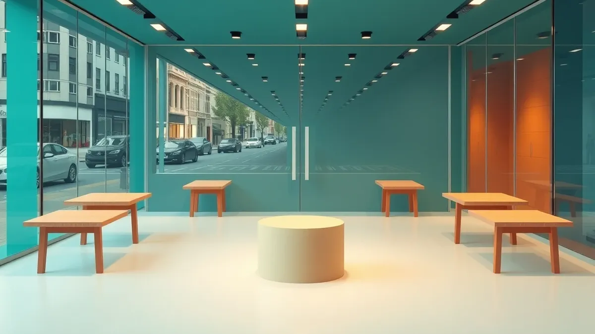 Illustration: A sleek glass storefront stands empty behind closed glass doors, reflecting the quiet street outside.